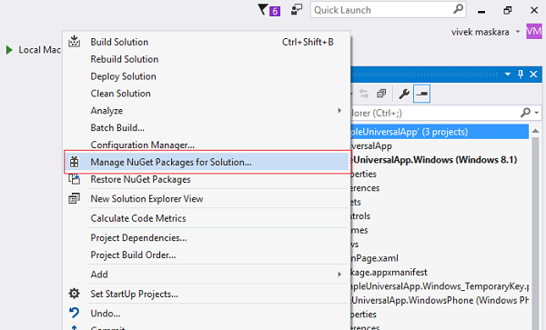 Choose Manage Nuget Packages for Solution