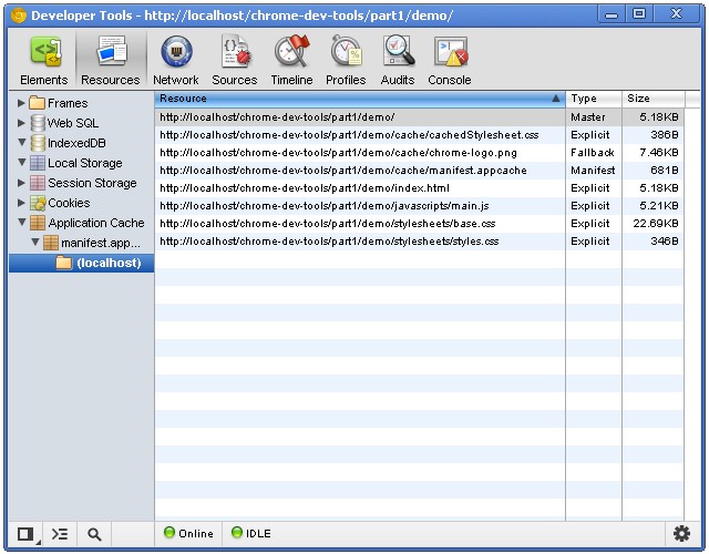 the application cache view in the resources panel
