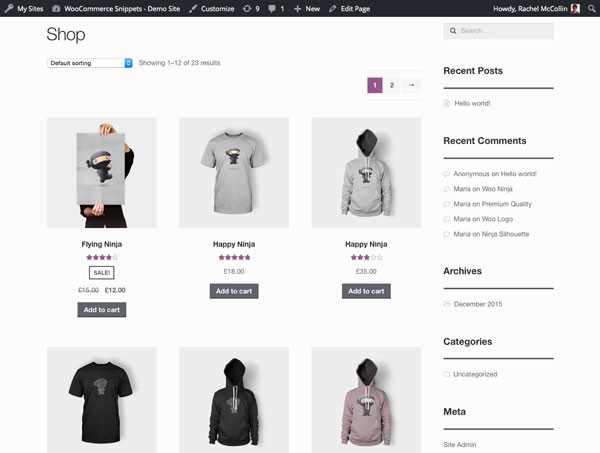 The main shop page with just products displayed