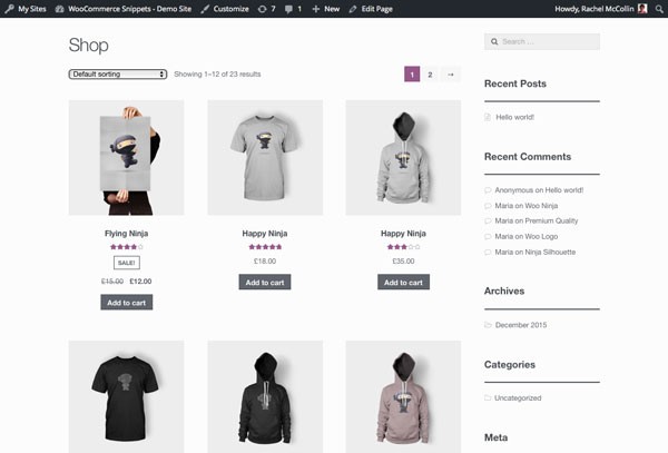 The site with the Storefront theme activated with no product short descriptions on the main shop archive page