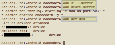 Mac command line showing successful adb restart and Kindle Fire device