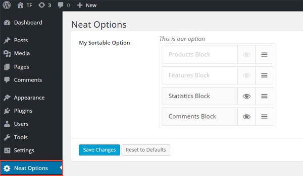 Viewing the Sortable Options in the Dashboard
