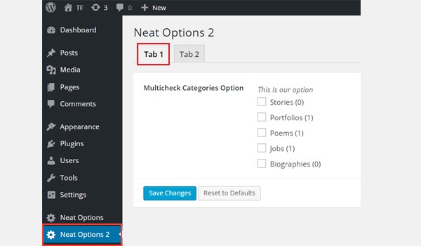 Adding multi-check categories to a tabbed interface