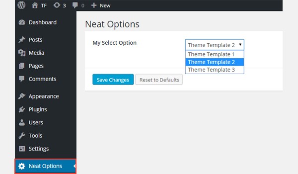 Adding a select type option to the Neat Options