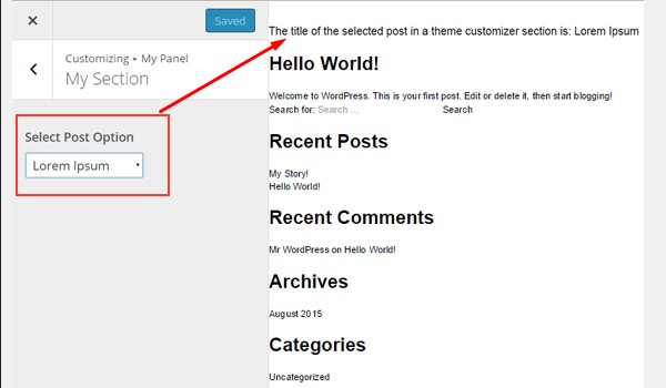 Viewing the results of the selected post in the Customizer