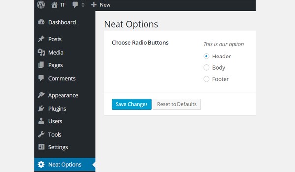 Selecting a radio type option in the dashboard