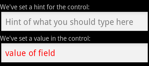 EditText controls with hint and value attributes