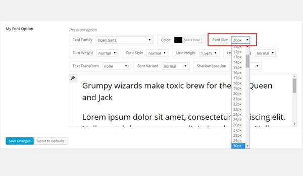 Setting font-size in the dashboard