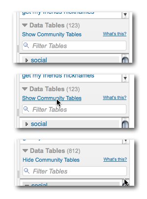 Clicking the link 'show community tables' will load all the tables added by the community