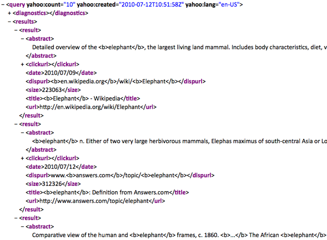 XML returned by YQL about the search for elephants with Yahoo Search