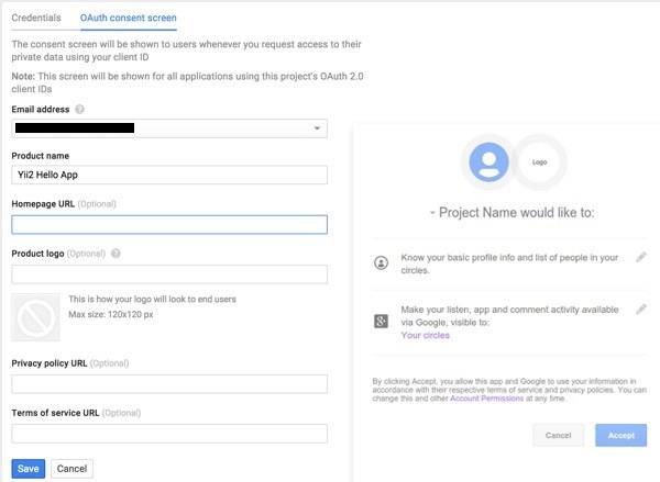 Programming Yii2 Google Developers Console OAuth Consent