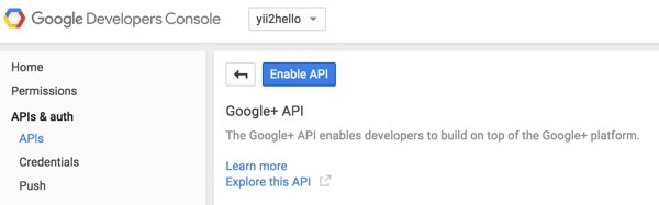 Programming Yii2 Google Developers Console Enable API