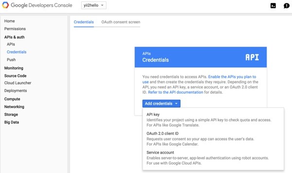 Programming Yii2 Google Developers Console Credentials