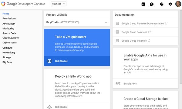 Programming Yii2 Google Developers Console Project Homepage