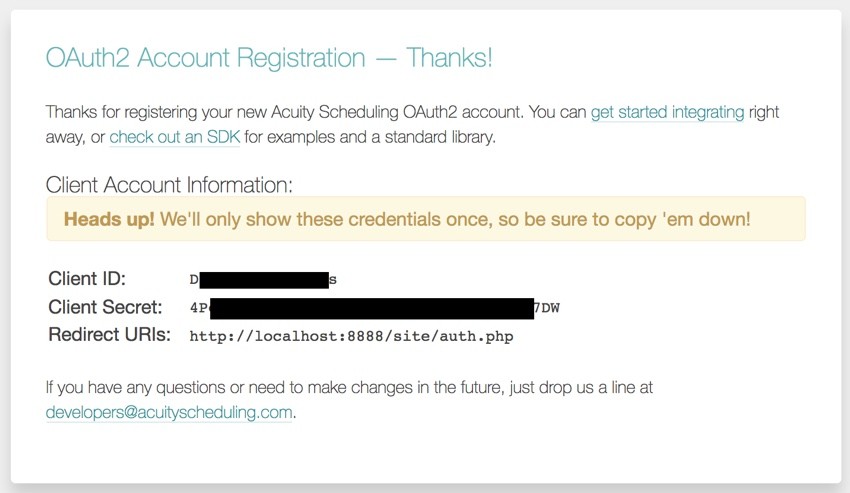 Acuity Scheduling Developer API - OAuth2 Registration Complete