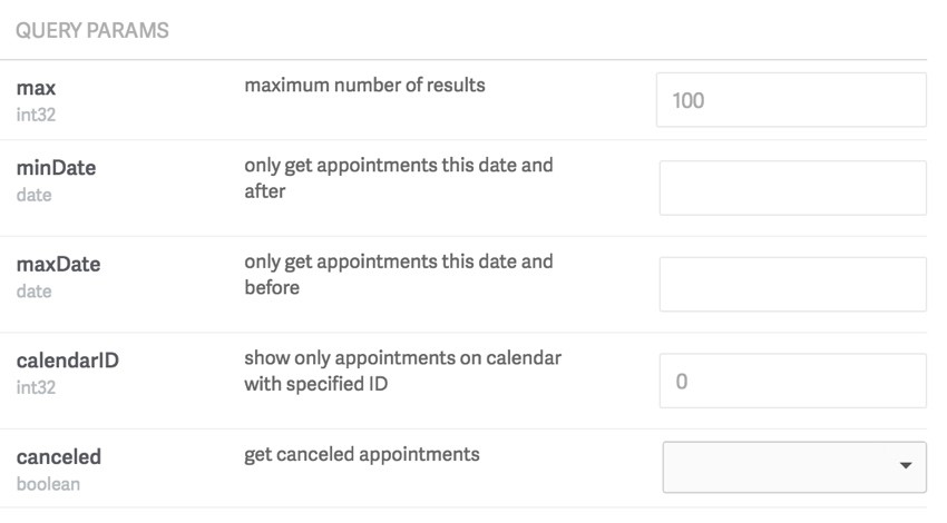 Acuity Scheduling Developer API - Query params for appointments