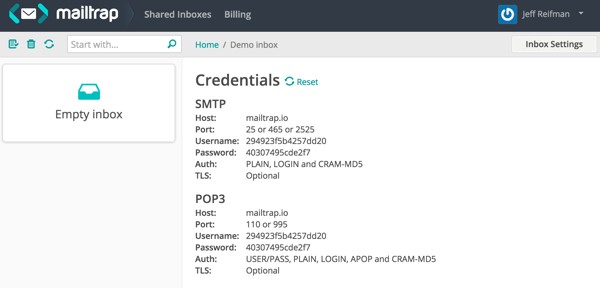 Mailtrap SMTP Server credentials
