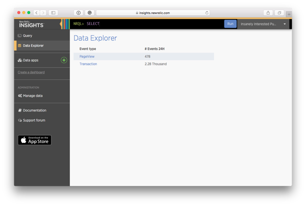 Select the event type to browse in the Data Explorer