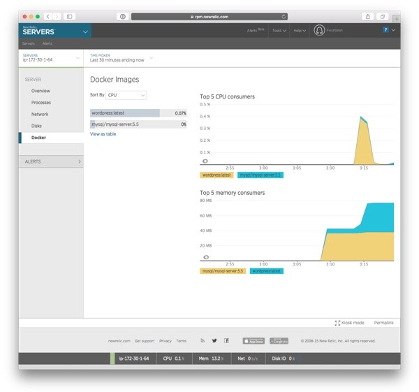 The Docker Images view on New Relic Servers