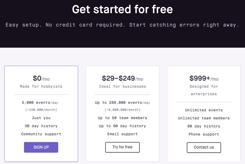 Building Startups Logging - Sentry Pricing Page