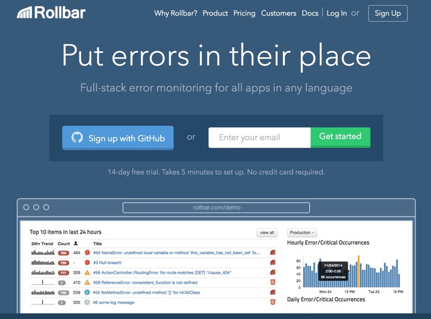 Building Startups Logging - Rollbar Home Page