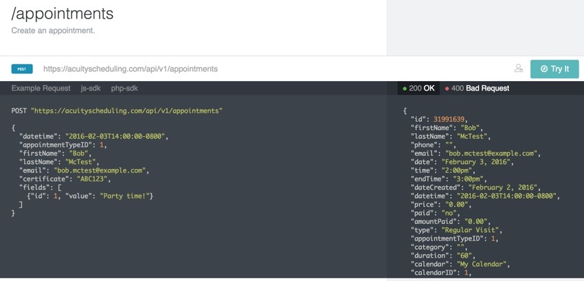 Acuity Scheduling Developers - API Appointments Method