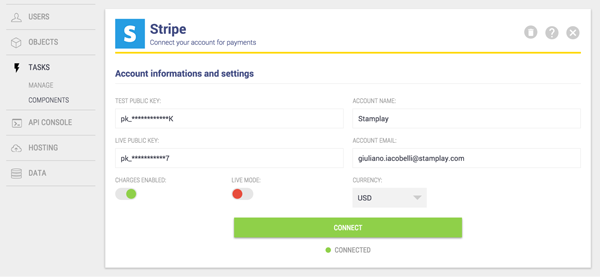 Stripe account info and settings