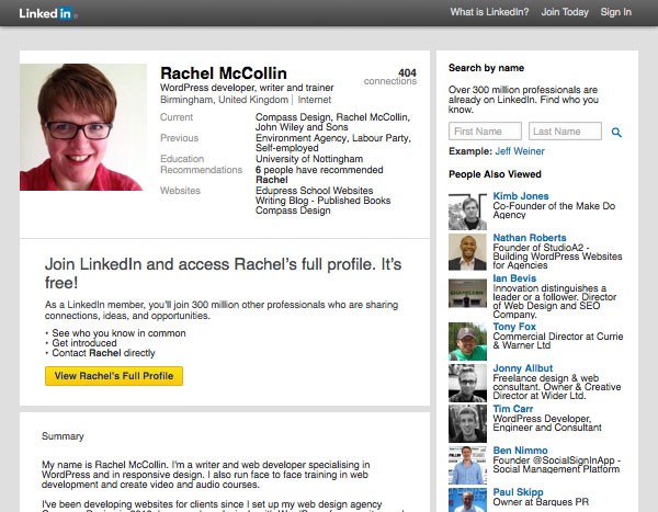 LinkedIn website with Rachel McCollins public profile visible