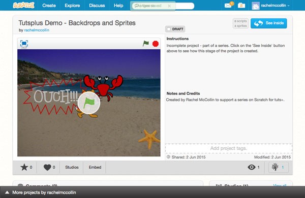 Tutsplus demo project page in Scratch