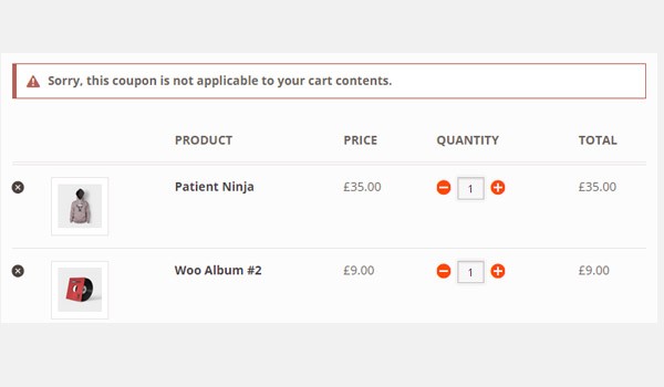 cart showing error message about coupon not applicable