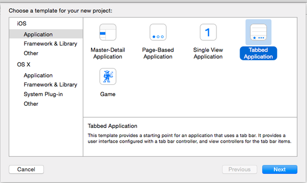 Creating new project - Selecting template