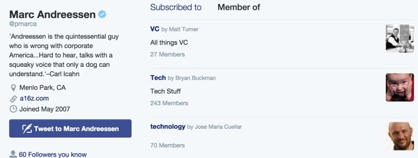 Twitter Lists Member of Page for Marc Andreesen
