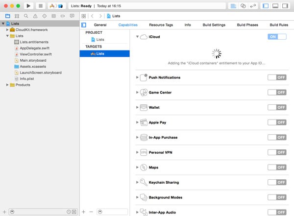 Xcode enables iCloud on your behalf