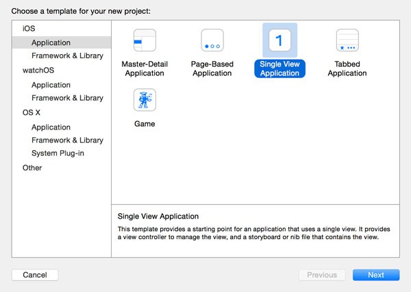 Choose the Single View Application template