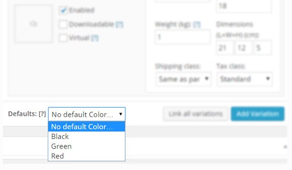 Defaults dropdown menu