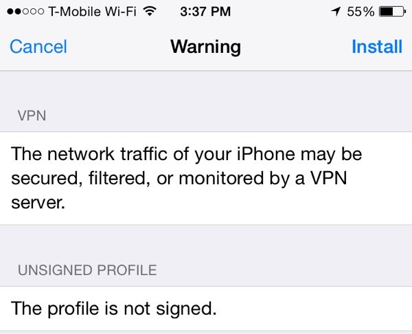 Using VPN iOS Network Profile Warning