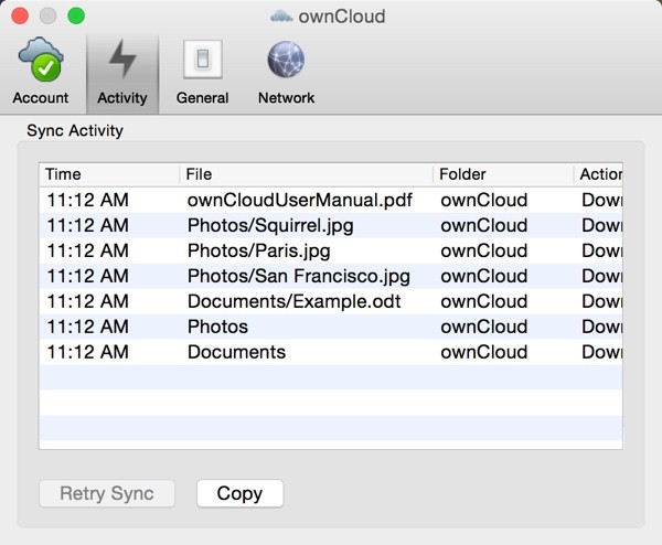 OwnCloud App Settings Sync Activity