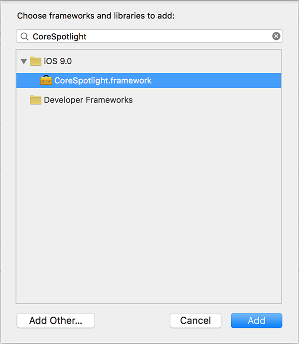 Adding the CoreSpotlight framework