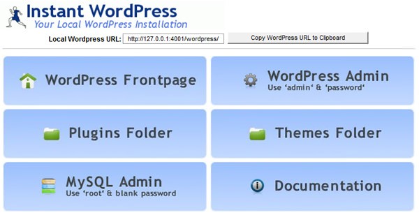 Instant WordPress main window
