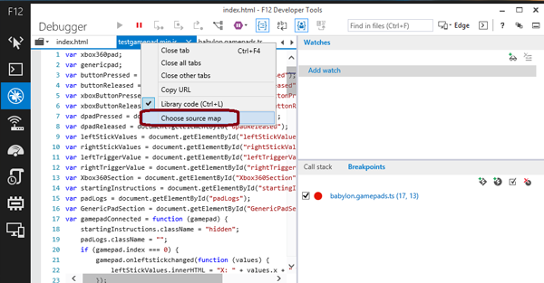 right-click on the testgamepadminjs tab and press Choose source map