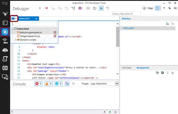 Debugger screen in Internet Explorer