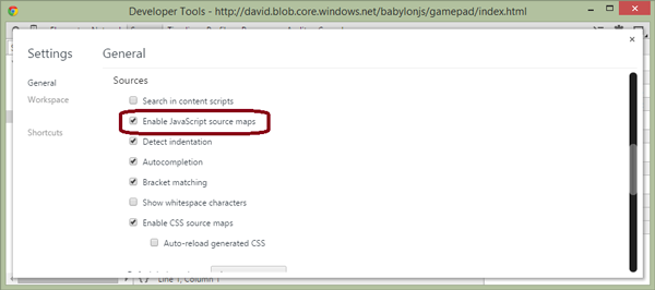 Enable JavaScript source maps option checked