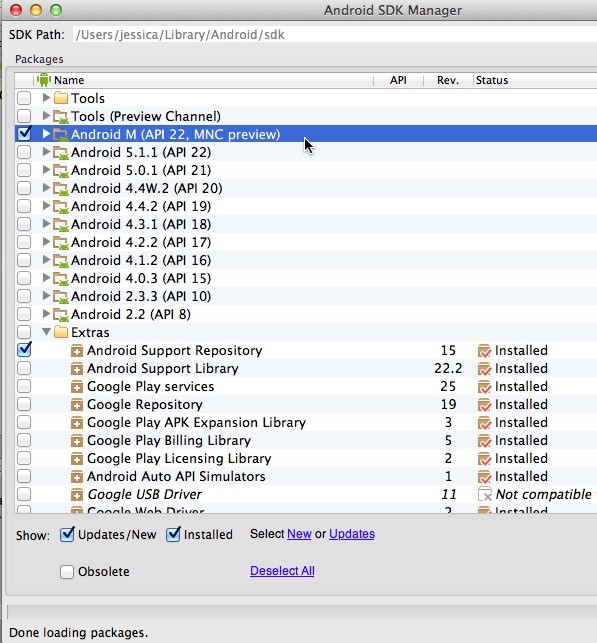 In the Android SDK Manager select Android M and Android Support Repository and then click Install