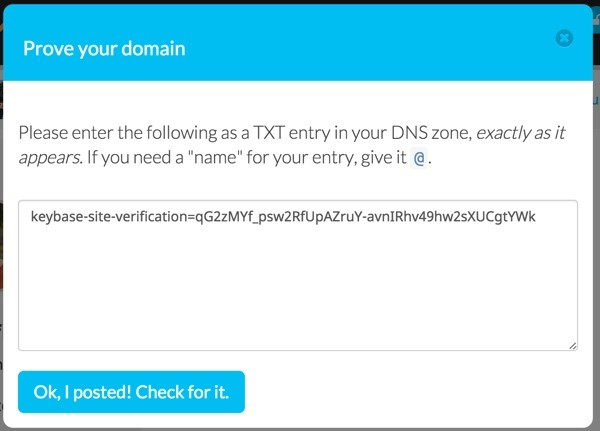 Keybase Prove Your Domain via DNS TXT Record