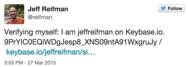 Keybase Verification Tweet for Jeff Reifman reifman twitter account