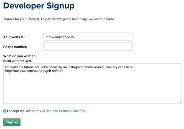 Instagram Developer Signup