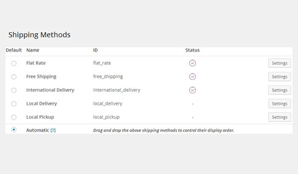 Shipping Methods options