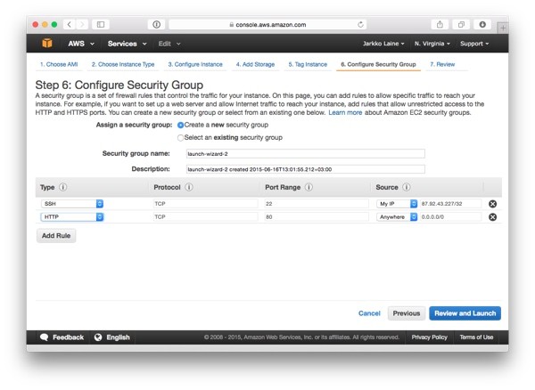 Example security group settings