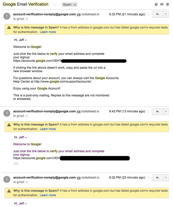 Google Accounts Verification Caught in Google Gmail Spam