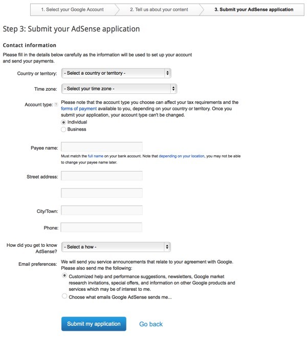 Google AdSense Three part sign up - step three